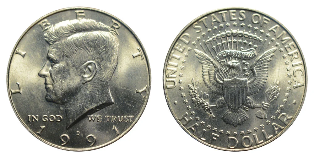 1991-P Kennedy half dollar obverse and reverse showing P mint mark