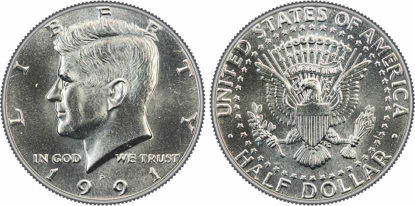 Comparison of typical circulated 1991 Kennedy half dollar versus high-grade MS67 quality gem example