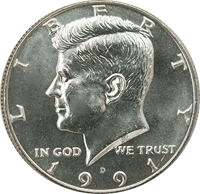 1991 Kennedy half dollar doubled die obverse showing doubling on motto lettering