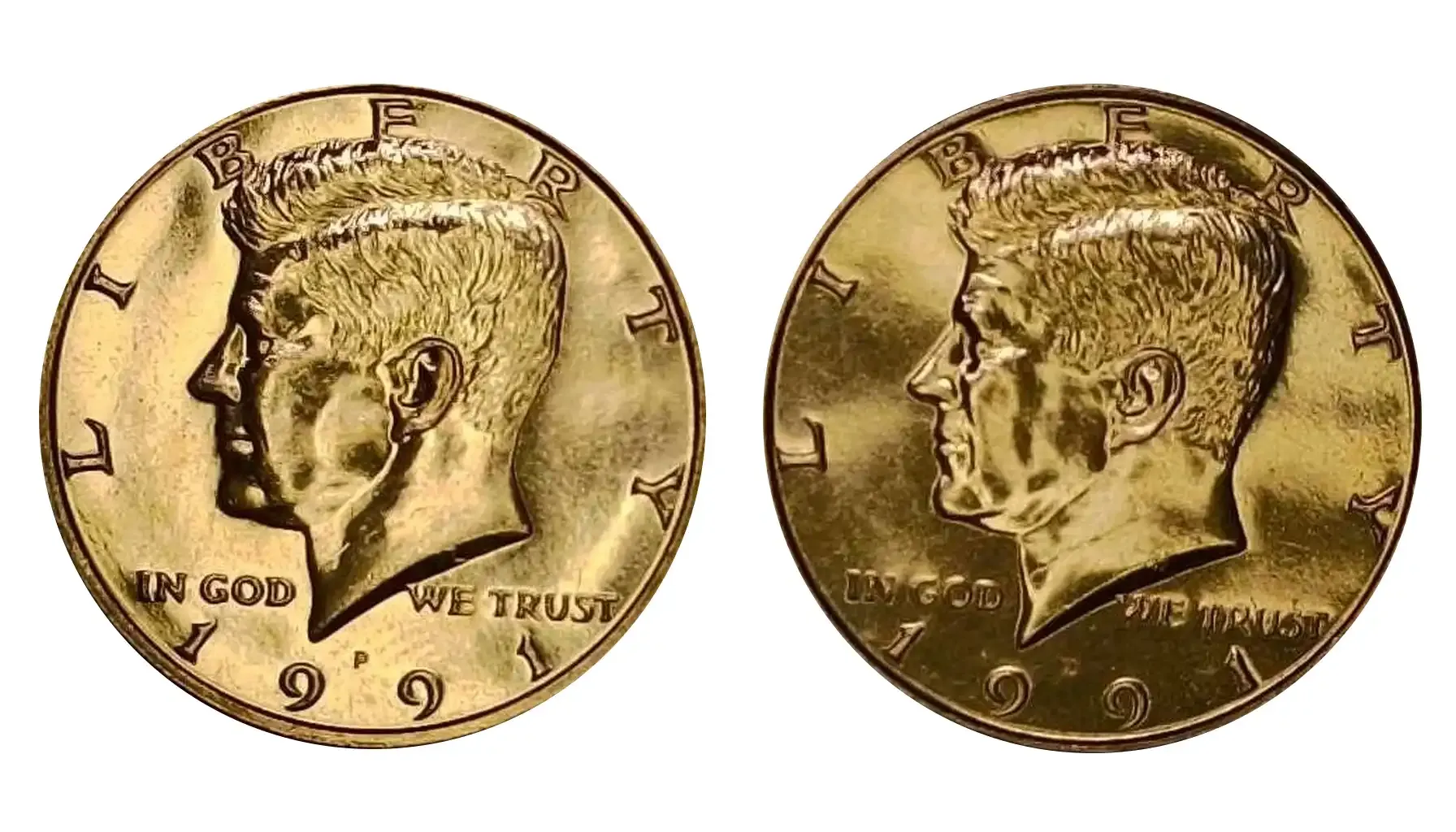 1991 Kennedy half dollar grading strip showing four condition tiers from worn to gem uncirculated